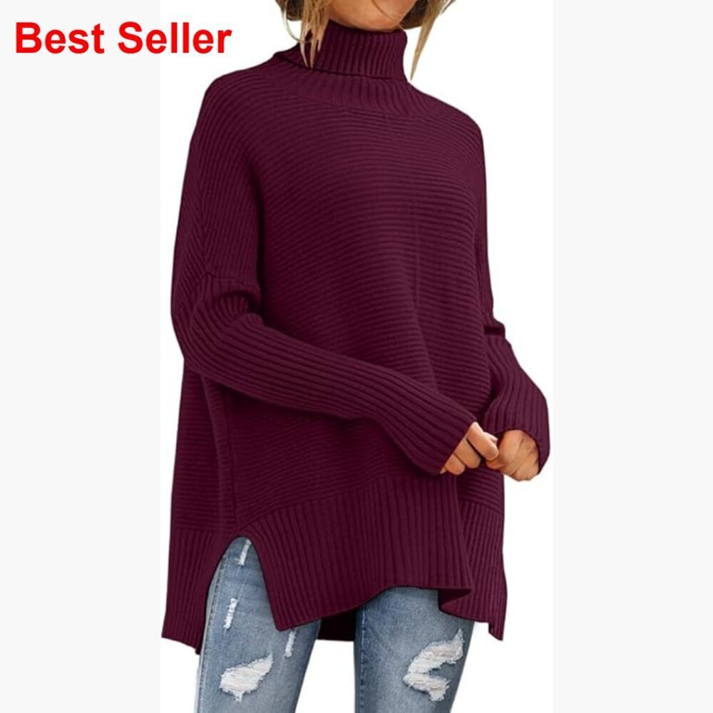 Oversized Turtleneck Sweater Batwing Sleeve Ribbed Tunic Pullover